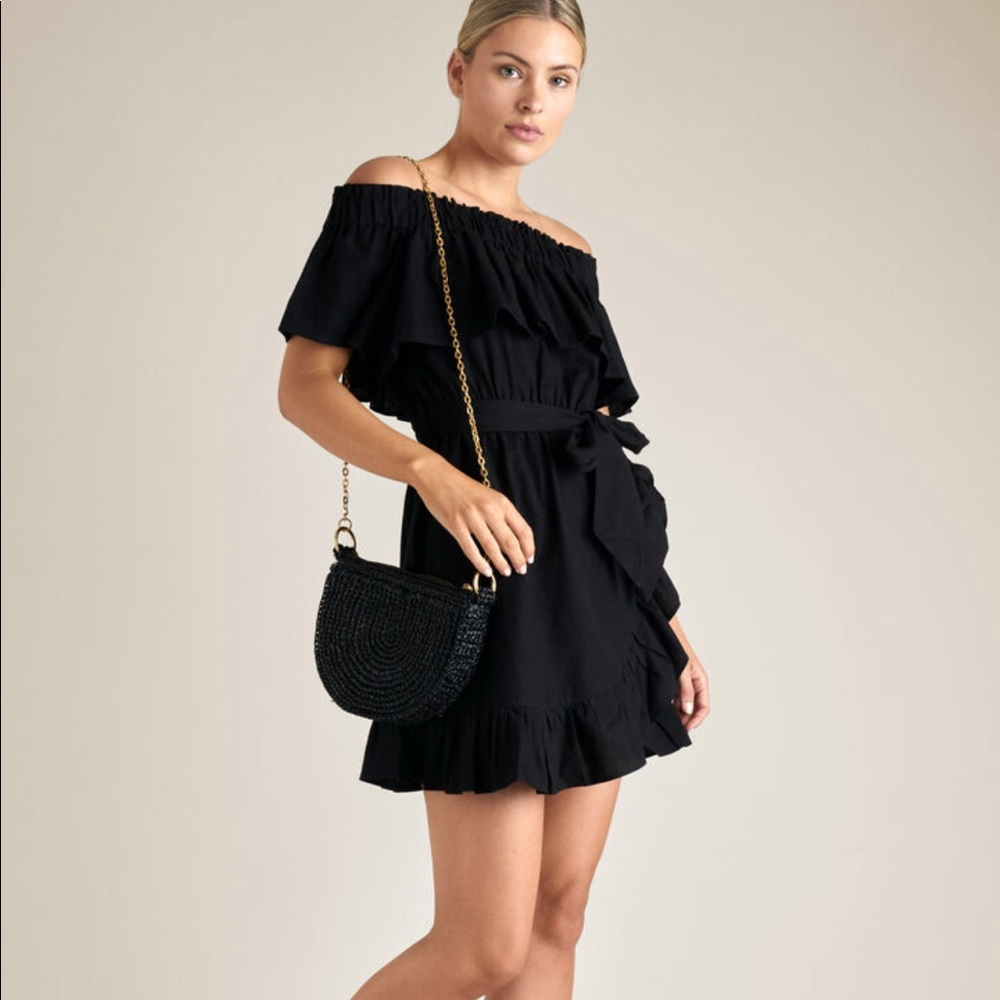 SEED HERITAGE Black ‘Off Shoulder Frill dress’, cotton linen blend, wrap, Size 6 - Picture 2 of 16